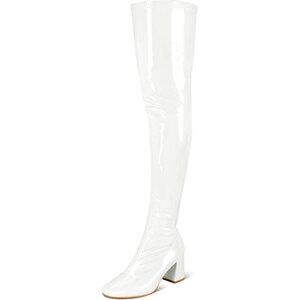 Women White Patent Leather PU Chunky Heel Over The Knee Square Toe Long Boot